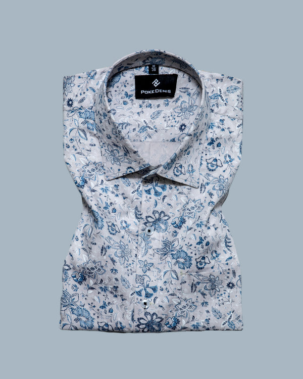 BRIGHT WHITE WITH MARINER BLUE DISTY FLORAL DOBBY TEXTURED PREMIUM GIZA COTTON SHIRT