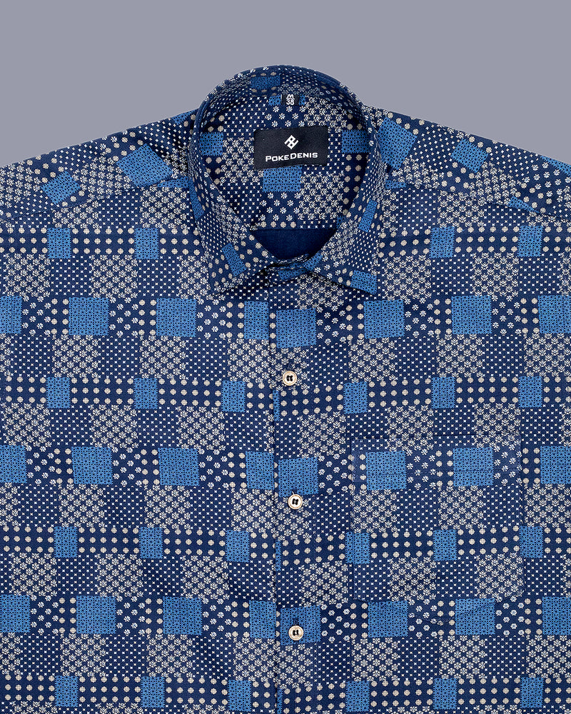 BLUE WITH MULTICOLOUR SQUARE  PRINTED SOFT COTTON SHIRT
