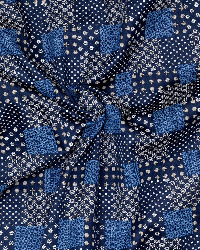 BLUE WITH MULTICOLOUR SQUARE  PRINTED SOFT COTTON SHIRT