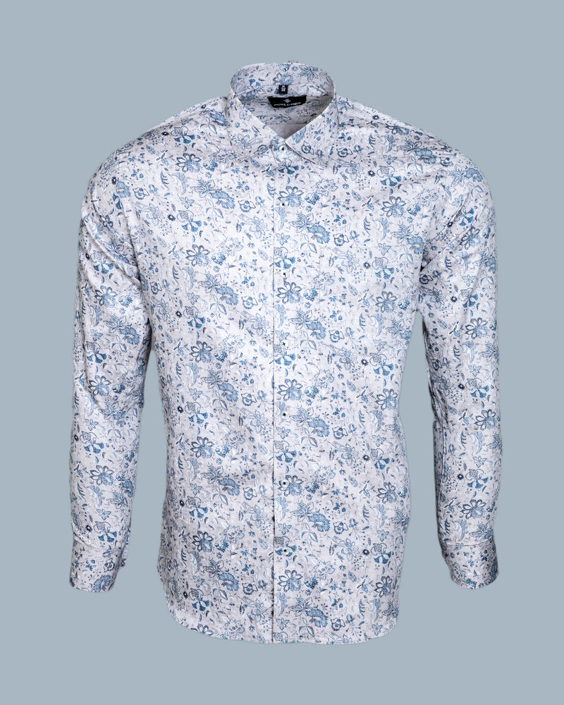 BRIGHT WHITE WITH MARINER BLUE DISTY FLORAL DOBBY TEXTURED PREMIUM GIZA COTTON SHIRT