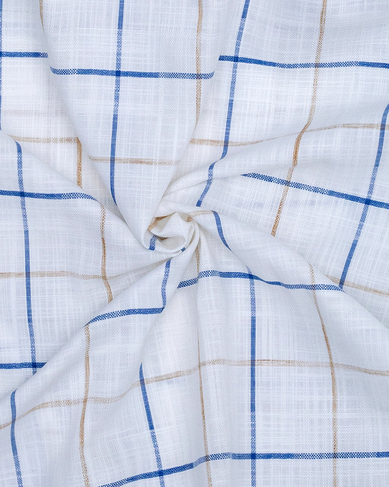WHITE WITH BLUE AND BROWN CHECK DOBBY COTTON SHIRT