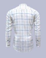 WHITE WITH BLUE AND BROWN CHECK DOBBY COTTON SHIRT