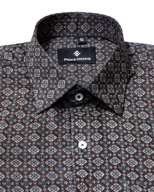 BROWN WITH GRAY ANCIENT GEOMETRICAL PRINTED COTTON SHIRT
