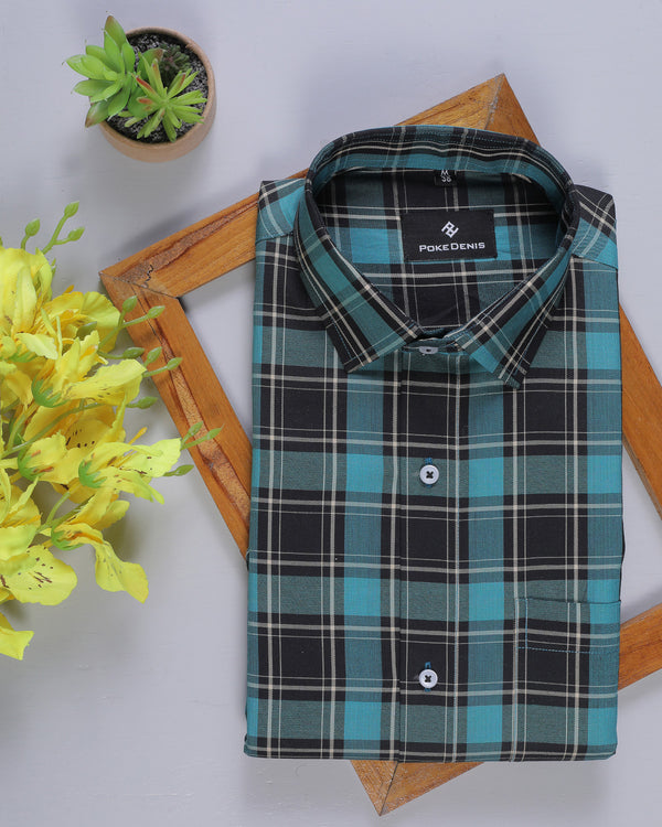 Bottal Green With Multicolor Check Cotton Shirt