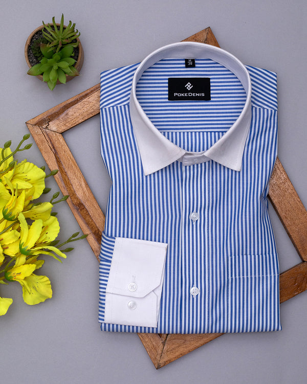 CLASSIC BLUE STRIPED WITH  WHITE CUFF AND COLLR FORMAL COTTON SHIRT