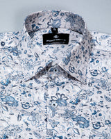 BRIGHT WHITE WITH MARINER BLUE DISTY FLORAL DOBBY TEXTURED PREMIUM GIZA COTTON SHIRT
