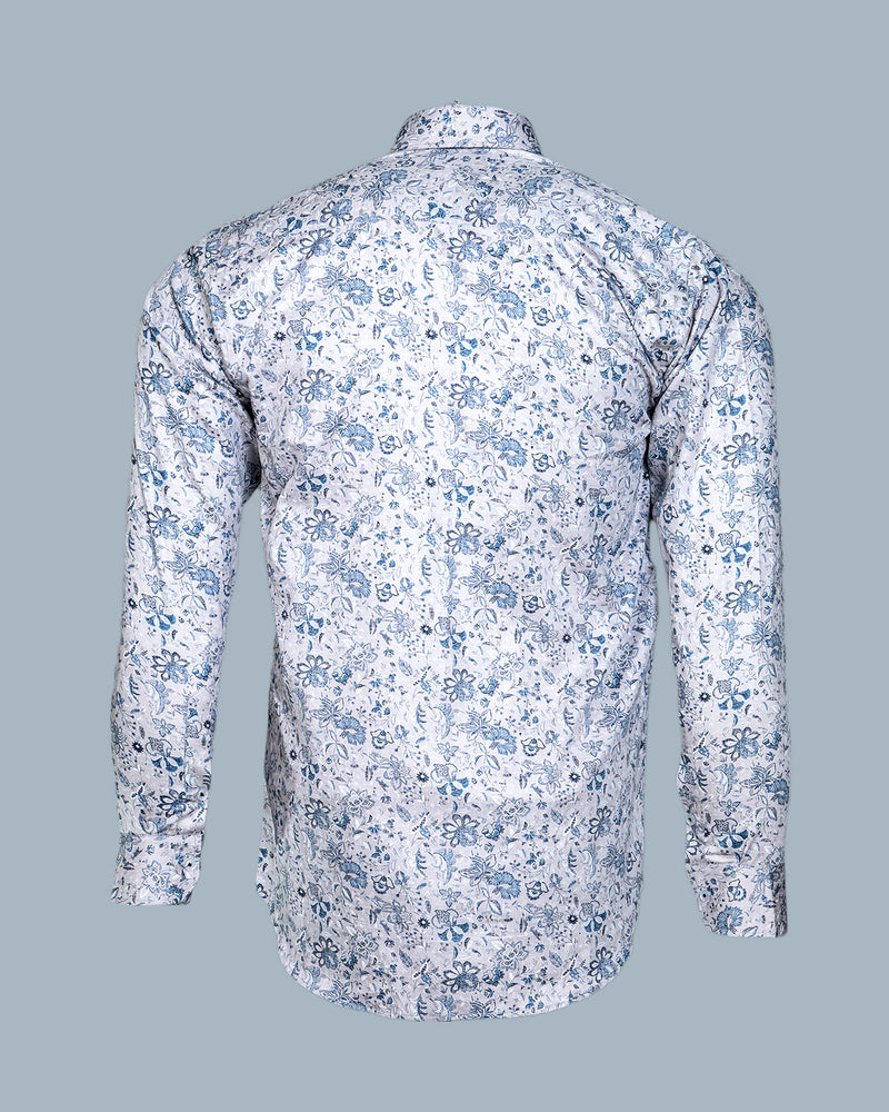BRIGHT WHITE WITH MARINER BLUE DISTY FLORAL DOBBY TEXTURED PREMIUM GIZA COTTON SHIRT