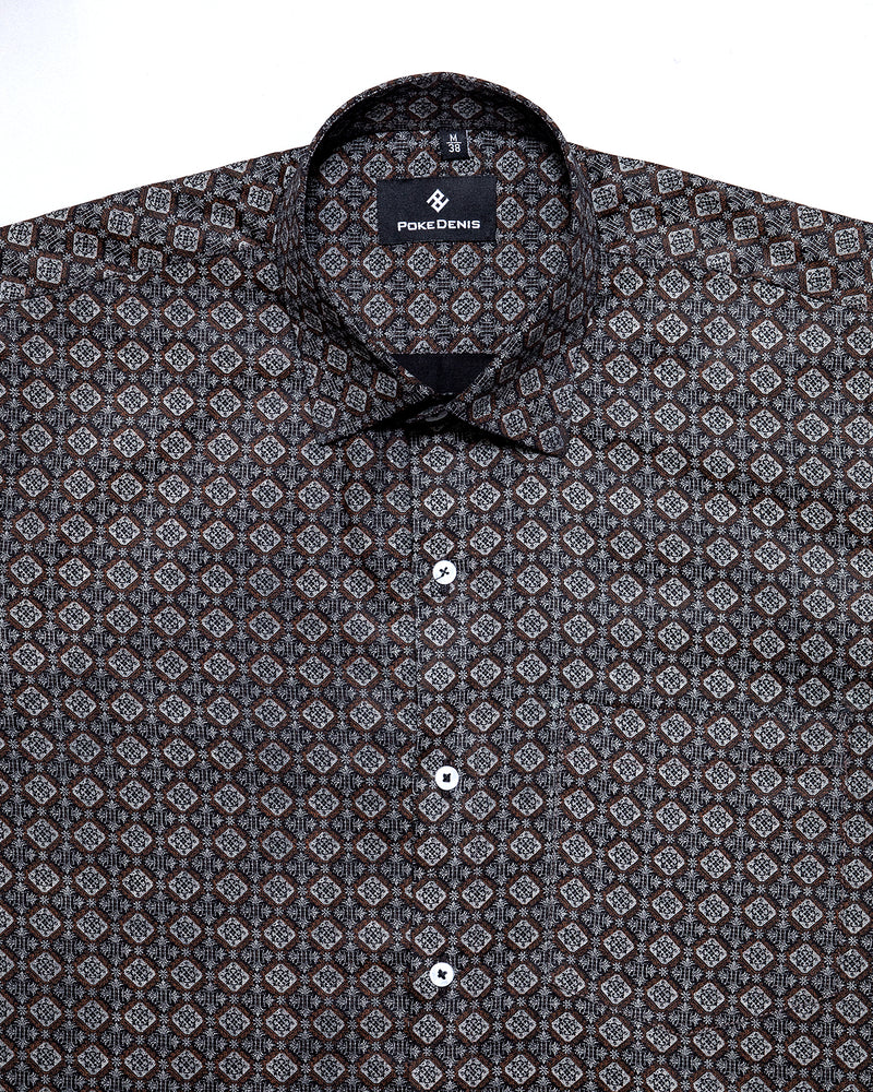 BROWN WITH GRAY ANCIENT GEOMETRICAL PRINTED COTTON SHIRT