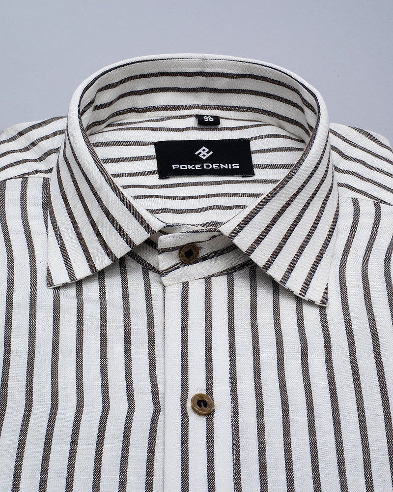 OFF WHITE WITH HEMLOCK BROWN STRIPED TENCEL COTTON  SHIRT
