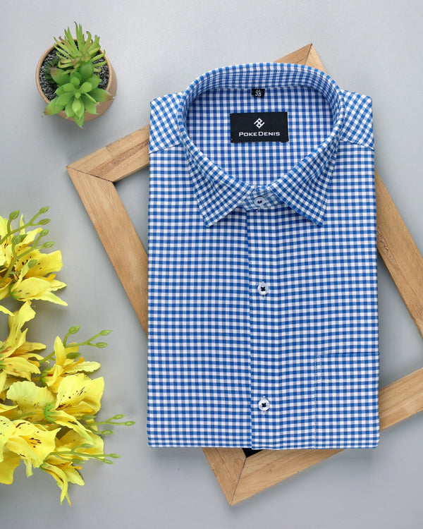 BLUE WITH WHITE SMALL-CHECKED PREMIUM COTTON SHIRT