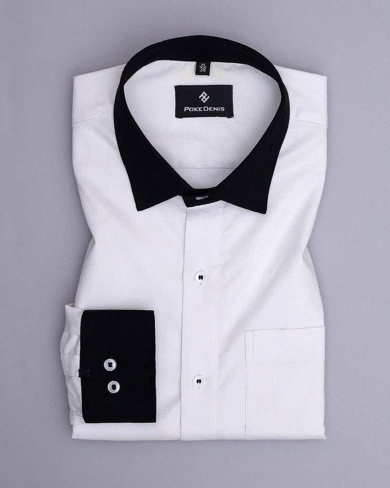 BRIGHT WHITE WITH BLACK CUFF COLLA  DOBBY TEXTURED PREMIUM  GIZA COTTON SHIRT